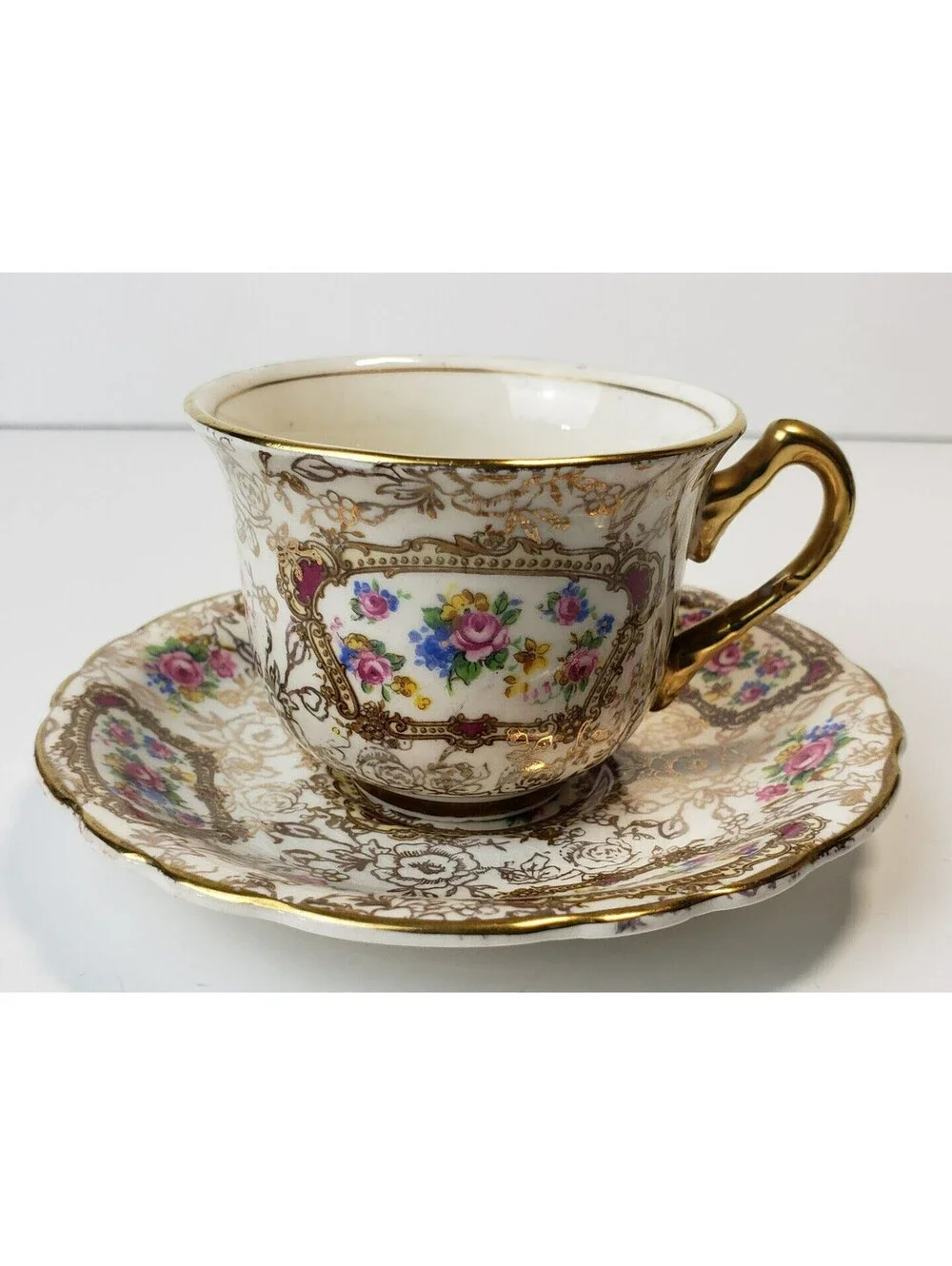 Vintage James Kent Demitasse Teacup & Saucer Pompadour England Gold Floral